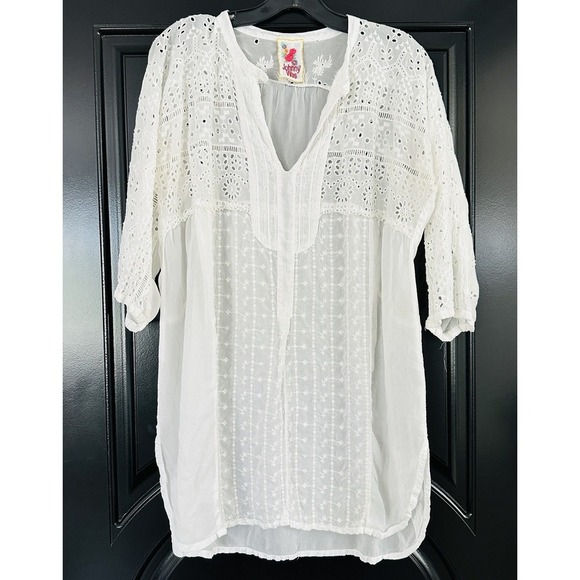 Johnny Was Tunic Blouse Medium White Sheer Eyelet Boho Coverup Western Cottage - Picture 1 of 10